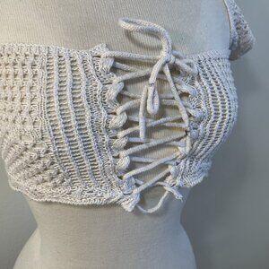 White Boho Crochet Crop top adjustable strings and over the shoulder sleeves